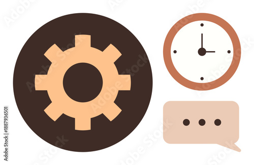 Workflow optimization, productivity, task management, collaboration, scheduling, communication. Gear, clock and speech bubble on a white background. Workflow optimization and productivity concepts