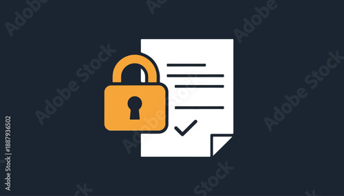 A golden padlock securing a document with a checkmark, symbolizing data protection, privacy, and compliance.