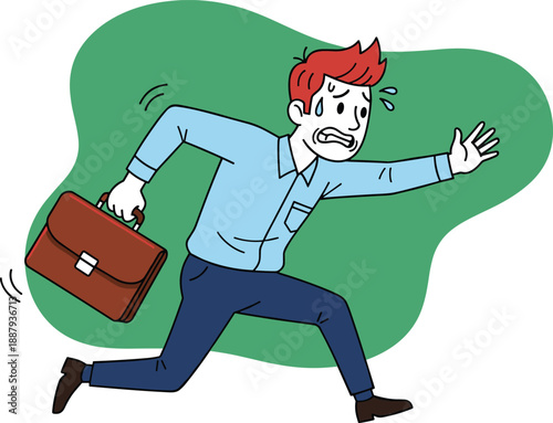 Cartoon stressed man running late with briefcase, sweating, worried expression, business rush, urgency concept, isolated on white background