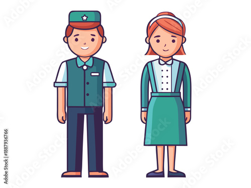 Vector flat illustration set of line art female and male housekeeping hotel staffs in uniform poses