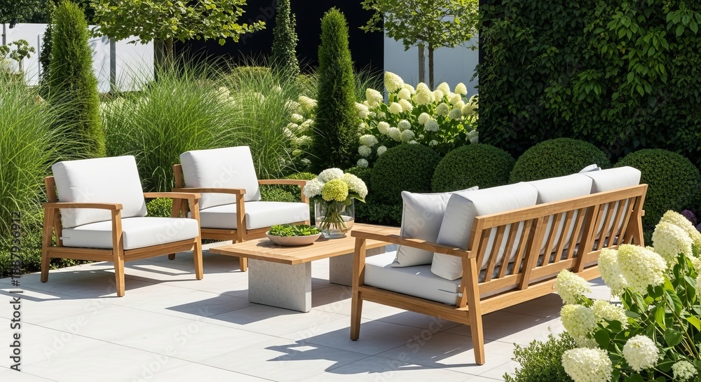 Obraz premium Elegant outdoor patio furniture set displayed at a modern garden expo, showcasing luxury comfort and sophisticated design concept for stylish living
