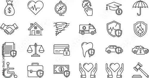 Black and White Icons Representing Insurance, Finance, Health, Legal Protection, and Emergency Services
