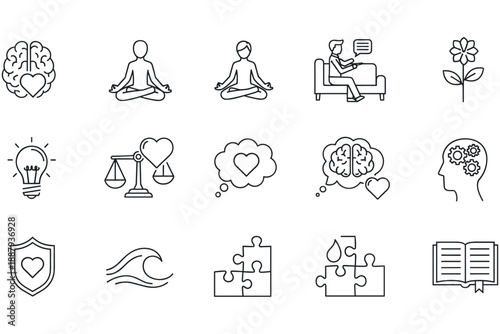 Essential Line Icon Set for Mental Health Awareness, Psychological Well-being, and Mindfulness Practices Visualizing Self-Care, Emotional Balance, and Personal Development