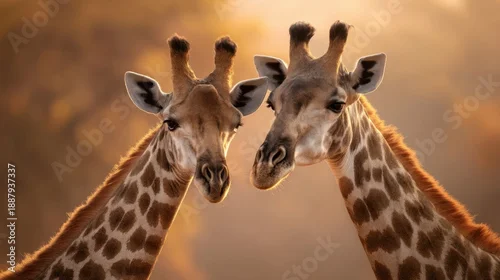 Fototapeta Pair of giraffes in sunlit savanna.