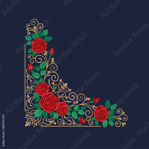 Elegant Red Rose & Gold Filigree Corner Ornament. Vintage Floral Decorative Element on Dark Blue Background
