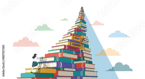 Illustrative concept of a person ascending a mountain of books, representing the path to knowledge, continuous learning, and achieving success through education.