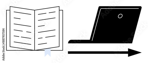 Education, digital transformation, knowledge access, e-learning, technology, online resources. Open book with bookmark, arrow pointing to laptop. Education and digital transformation concept