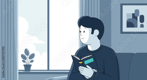 Illustration of a contemplative man reading a book by the window, finding inspiration and peace in a quiet home environment, flat design.