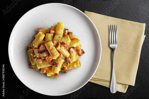 Rigatoni Carbonara Pasta on a White Plate