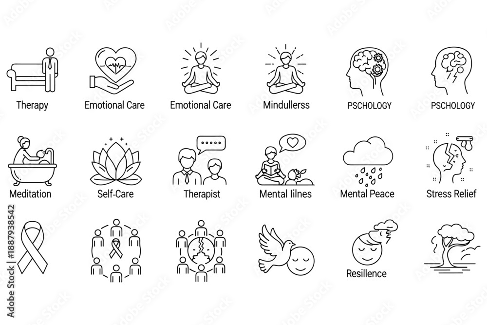 Obraz premium Collection of vector line art icons representing mental health, therapy, and emotional well-being concepts
