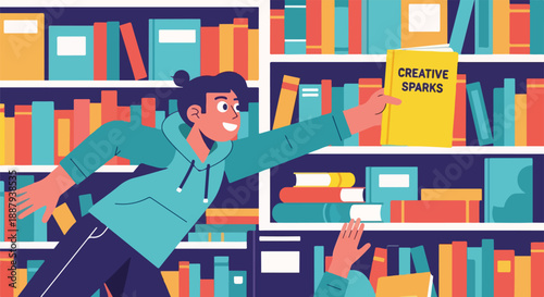Young person reaching for a book titled "Creative Sparks" on a bookshelf, symbolizing inspiration and knowledge acquisition.