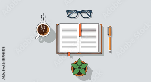 Flat lay of an open book, coffee cup, glasses, pen, and potted plant on a gray background