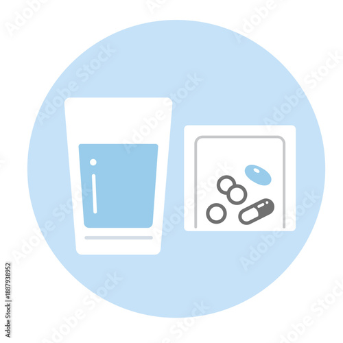 水が入ったコップとサプリメント。薬のイラスト。錠剤、服薬、飲み薬。Medicine and cup.