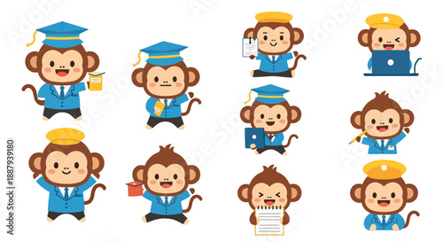 Adorable Monkey Character Emoticons Set with Various Professions