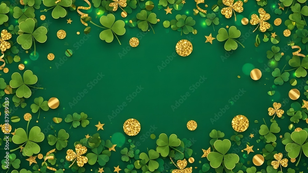 Obraz premium St patrick's day green background with shamrocks and gold coins