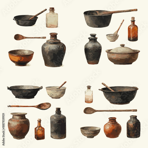Vintage kitchen cookware illustration with clay pots bowls ladles and glass bottles. Rustic cooking utensils concept inspired by traditional household tools.