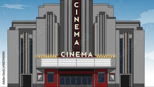 Vintage cinema building facade with red doors and marquee under blue sky