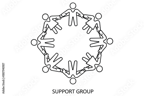 A minimalist line art illustration depicting a diverse group of individuals holding hands in a circular formation, symbolizing unity, community, and mutual support