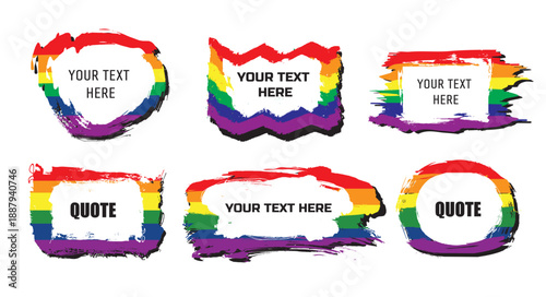 Collection of vector LGBTQ quotes or text boxes. Hand-drawn frames, square, rectangular, and circular shapes. Grunge brush strokes, texture splashes.