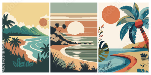 Set of three retro tropical beach landscapes. Minimalist sunset posters with palm trees, mountains, and ocean waves. Vector.