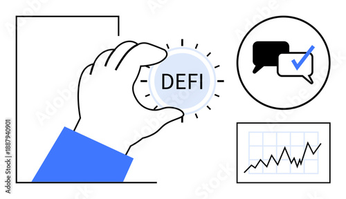 Hand holding DeFi coin, chat bubble with checkmark, and financial growth chart. Ideal for finance, blockchain, cryptocurrency, communication, data analysis investment digital economy. Simple flat