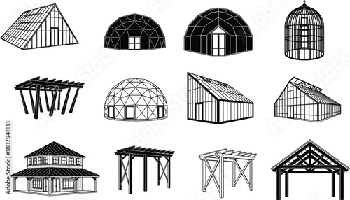 Architectural building outlines set, greenhouse domes pergolas pavilions structures, construction framework 