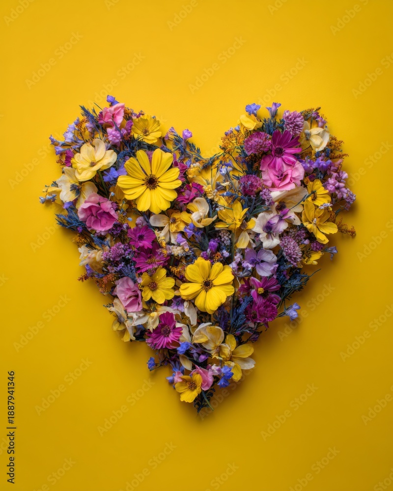 Obraz premium Heart shaped wild flowers on bright yellow background