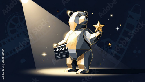 Geometric bear holds star and clapperboard on movie set with spotlight