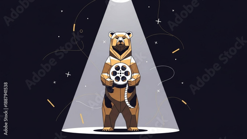 Brown bear in spacesuit holds film reel under spotlight with stars and sparks on dark background