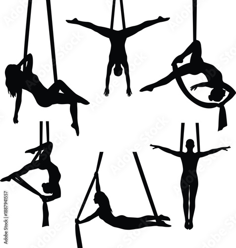 Aerial silk acrobat silhouettes showing graceful aerial yoga and circus performances, suspended fabric poses, strength, flexibility, balance, and artistic movement on white background