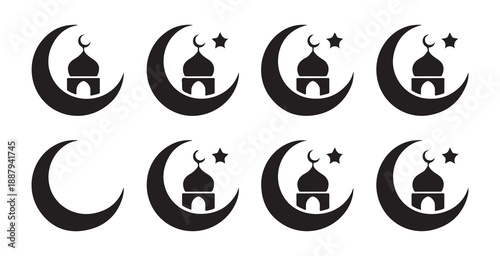 Seamless pattern of Islamic crescent moon mosque dome and star vector icons for ramadan eid festive backgrounds