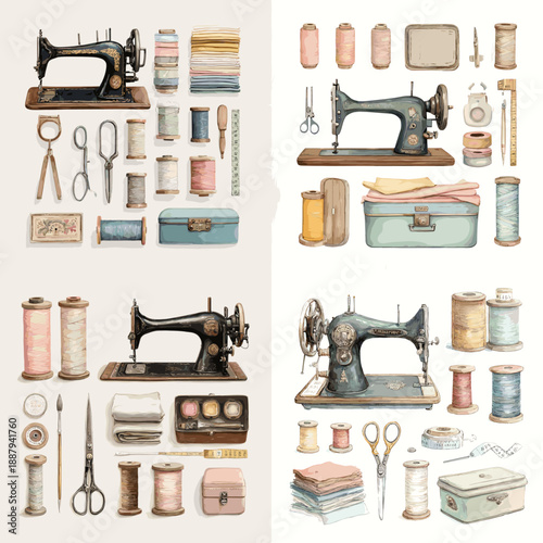 Sewing tools flat lay illustration with sewing machine scissors spools buttons and needles. Vintage tailoring and handmade craft concept arranged neatly on light background.