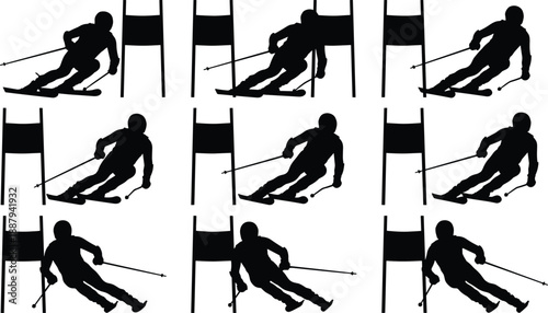 Alpine slalom skiing silhouette sequence showing professional skier carving turns through race gates, winter sports motion, downhill technique, speed, balance, and competitive mountain performance