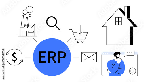Business automation, supply chain, enterprise organization, financial management, process optimization, technology integration. Central ERP element with icons industry and business processes