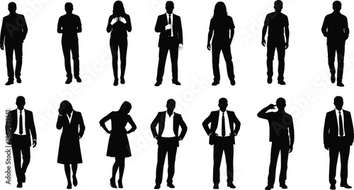 Business people silhouettes set, professional men and women standing poses, corporate office workers collection, black human figures, isolated characters, cad drawing flat vector illustration