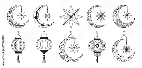 Bohemian style moon and lantern line art set featuring intricate patterns and celestial star icon designs