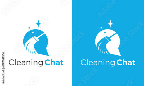 Cleaning Chat Logo Blue Speech Bubble with Mop and Stars.