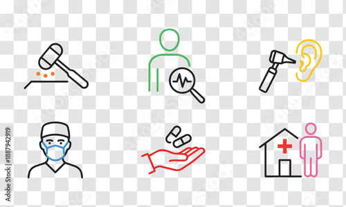 Medical Healthcare Icons Set. Hospital, Doctor, Patient Care, Examination, Treatment, Pharmacy. Line Vector Symbols