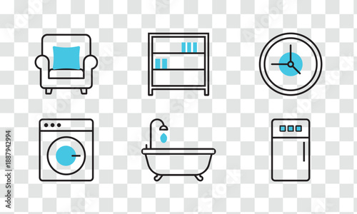 Modern Household Essentials Line Icons Set. Home Furniture and Appliance Collection.
