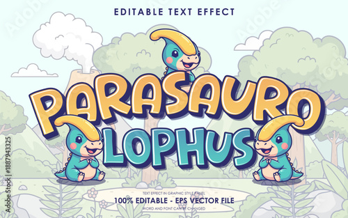 Editable text effect featuring the Parasaurolophus dinosaur in a playful cartoon style.