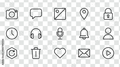 UI App Web Basic Outline Icons Set Camera Message Location Lock Profile Time Media Controls Delete Vector