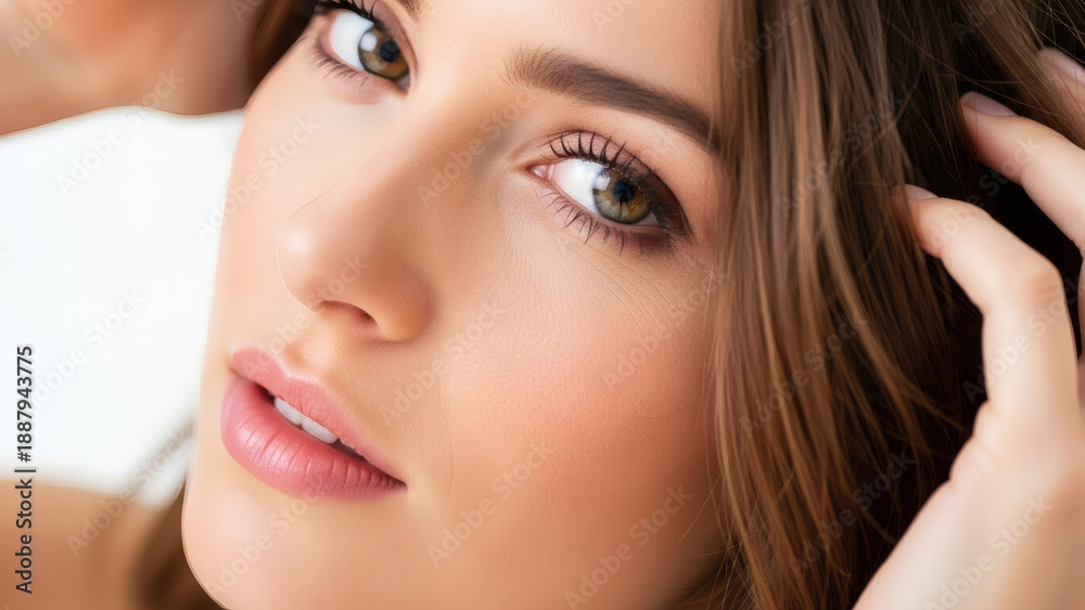 Fototapeta premium Young woman touching her hair and looking at the camera indoors 