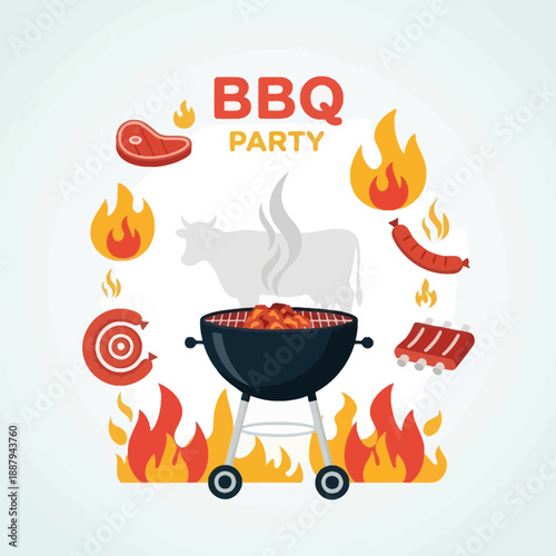 Bbq Party Outdoor Grill Cooking Sizzling Hamburgers Sausages Hot Dogs Meat Rack Cow Vector Illustration.png