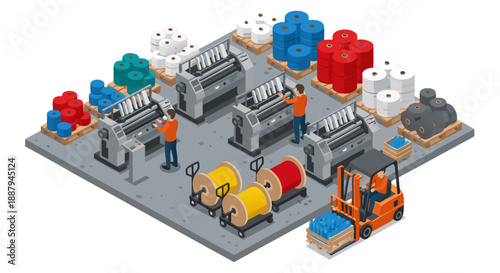 Isometric vector illustration of a textile factory with yarn spools and machinery