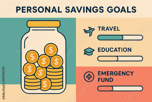 Personal savings goals with coin jar and progress bars for travel, education, and emergency fund
