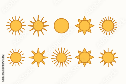 Set of ten stylized sun icons with diverse designs and patterns in warm tones