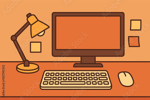 Minimalist computer workspace with lamp, keyboard, mouse, and sticky notes