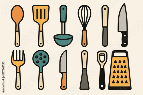 Colorful vector icons of kitchen utensils with simple designs