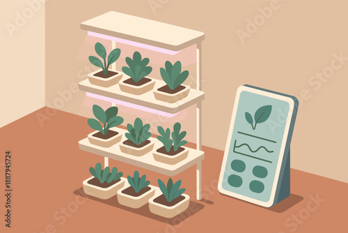 Indoor smart garden with modern hydroponic system and digital control panel