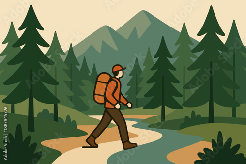 Illustrated hiker in forest with mountains and evergreen trees